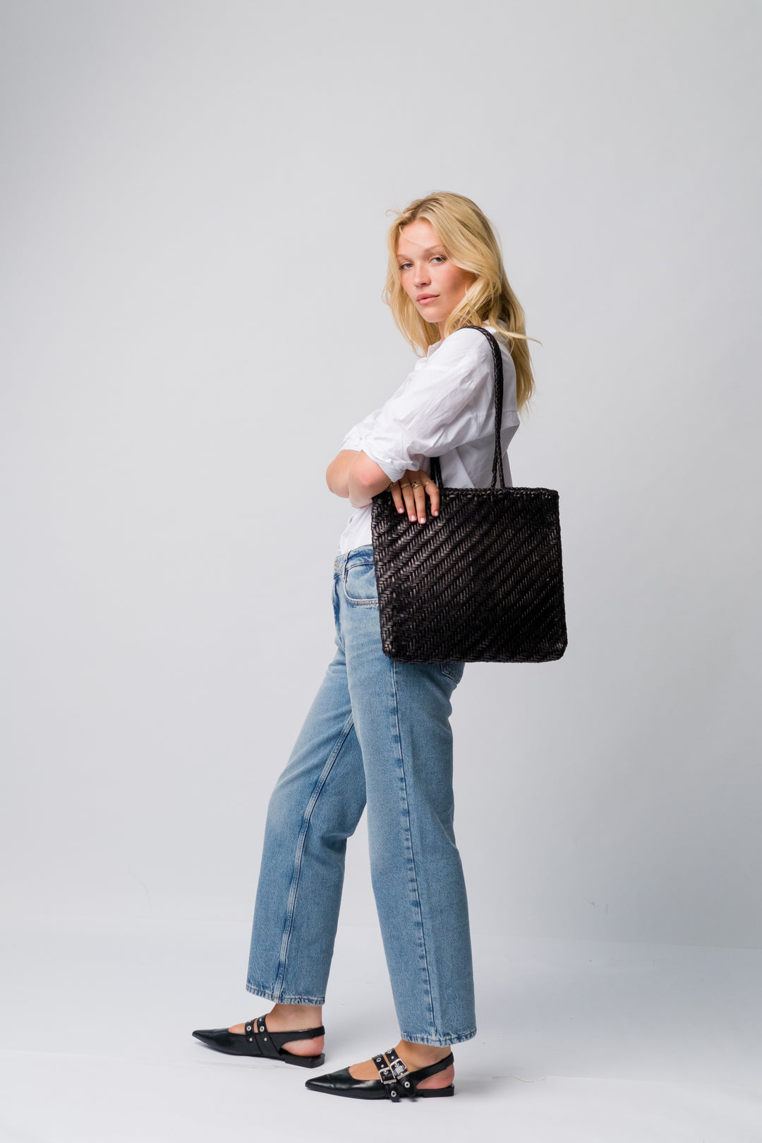 Rhia Slim Woven Leather Tote- with zipper