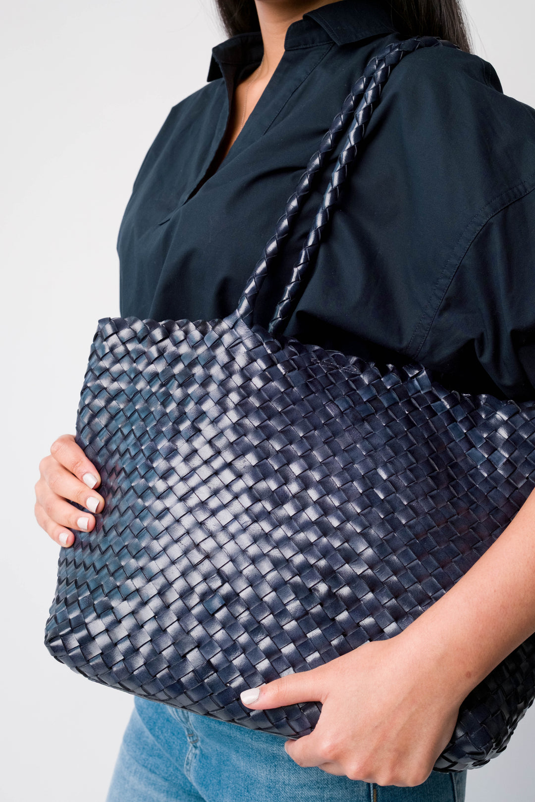Leia Woven Leather Bag Dark Blue
