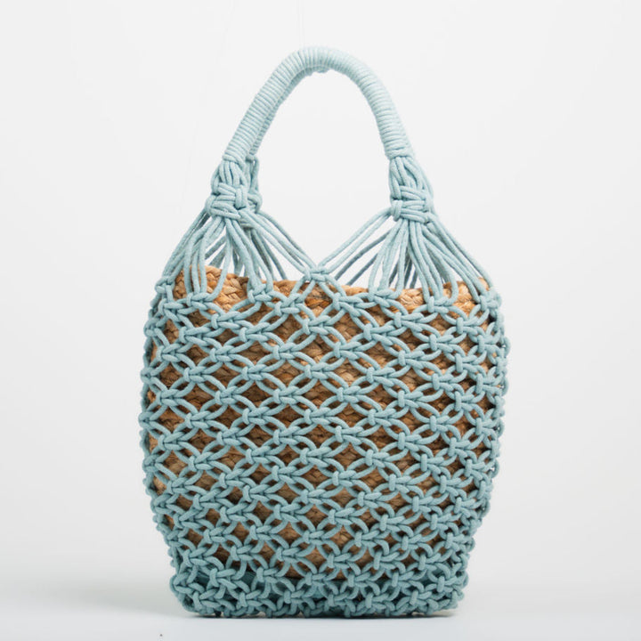 Jasmine Beuteltasche aus Jute und gehäkelter Baumwolle - Hellblau