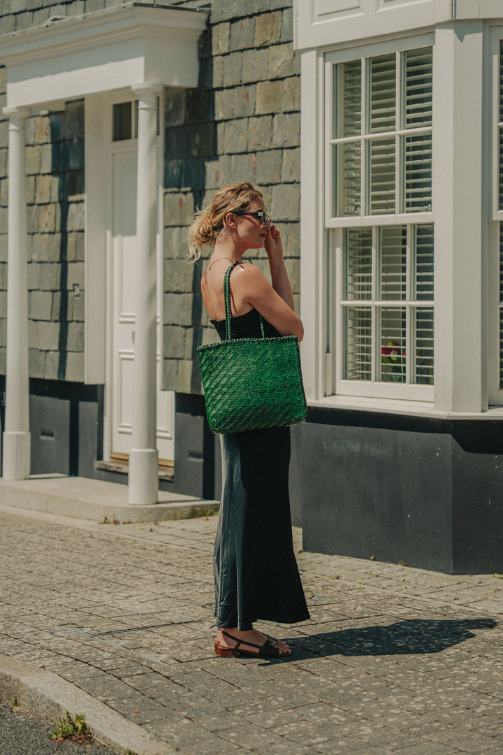 Rhia Woven Leather Tote- Emerald Green