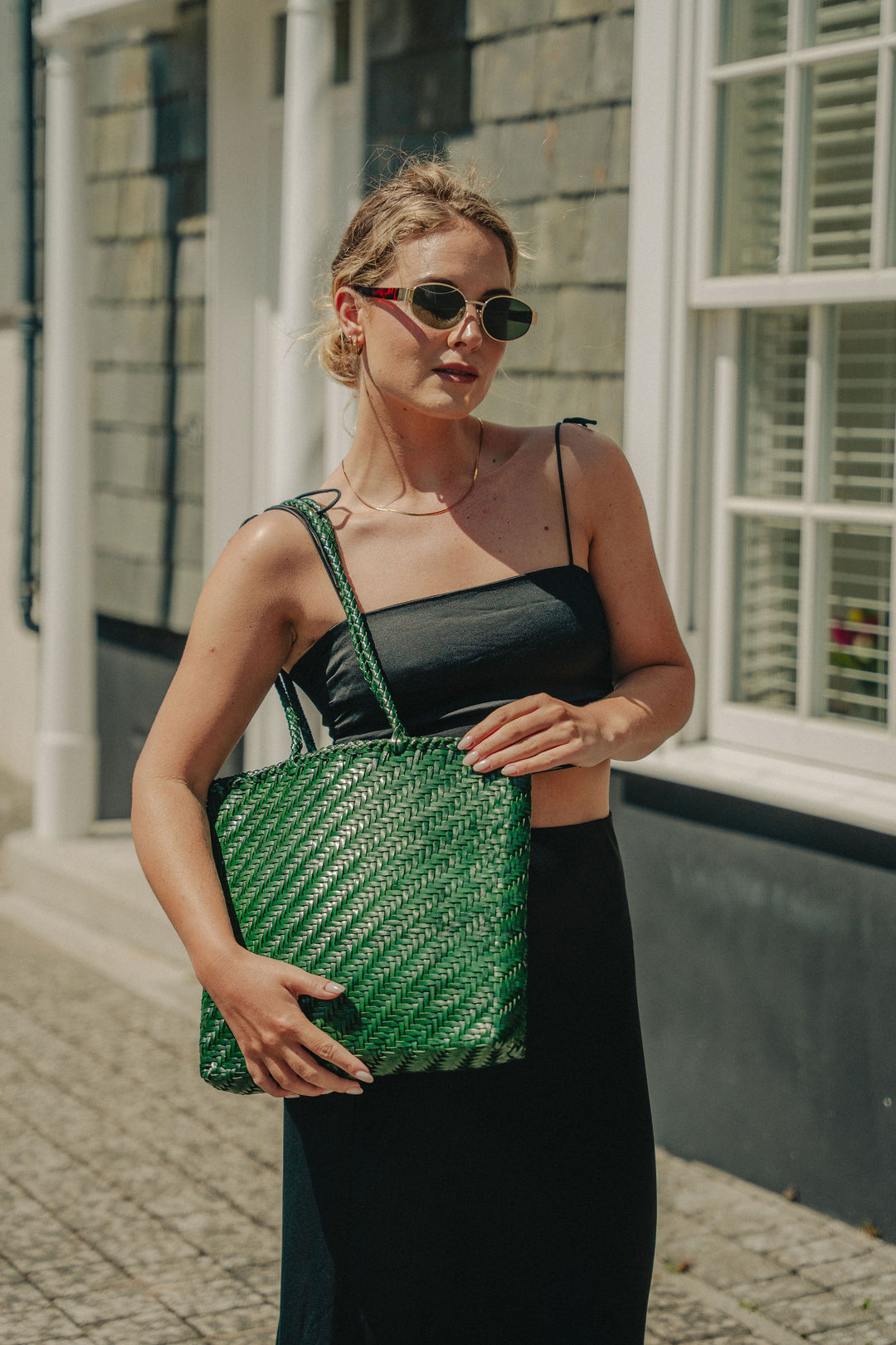 Rhia Woven Leather Tote- Emerald Green