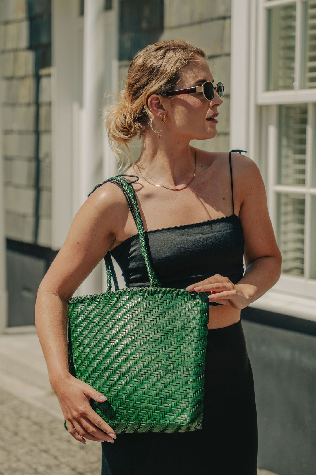 Rhia Woven Leather Tote- Emerald Green