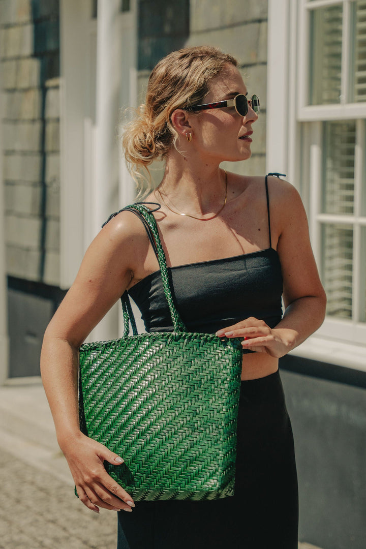 Rhia Woven Leather Tote- Emerald Green