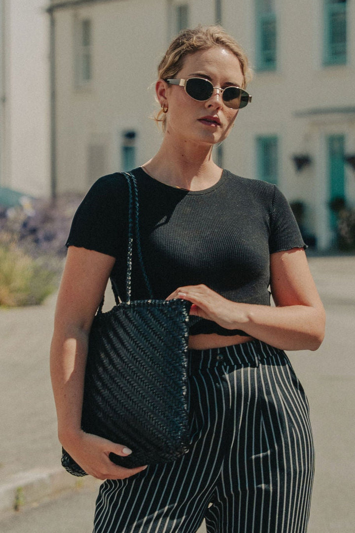 Rhia Woven Leather Tote- Black