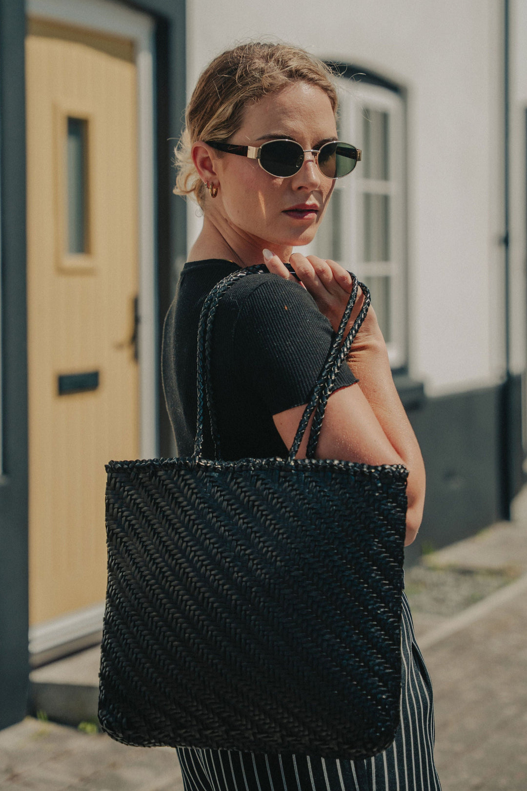 Rhia Woven Leather Tote- Black