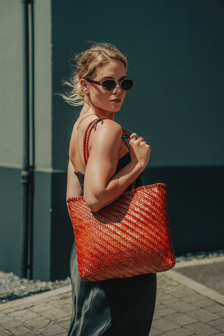 Rhia Woven Leather Tote- Tan