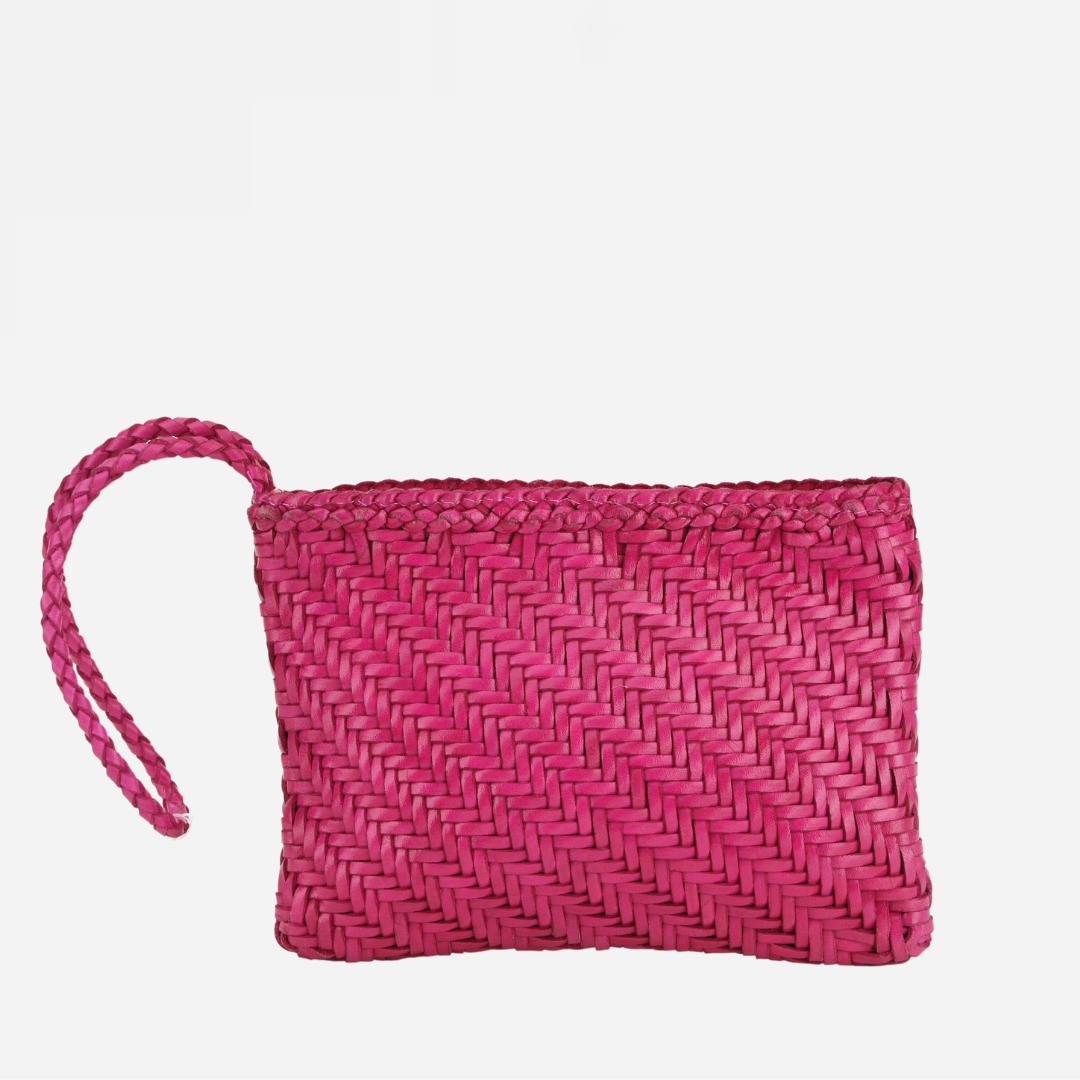 Woven Leather Clutch Bag- Rasberry