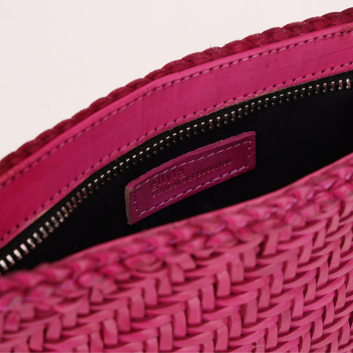 Woven Leather Clutch Bag- Rasberry