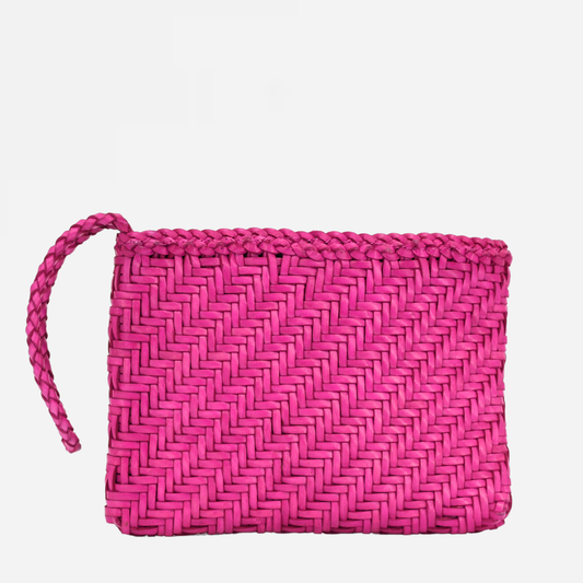 Woven Leather Clutch Bag- Rasberry