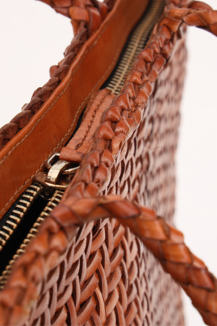 Woven Leather Tote Bag-Tan