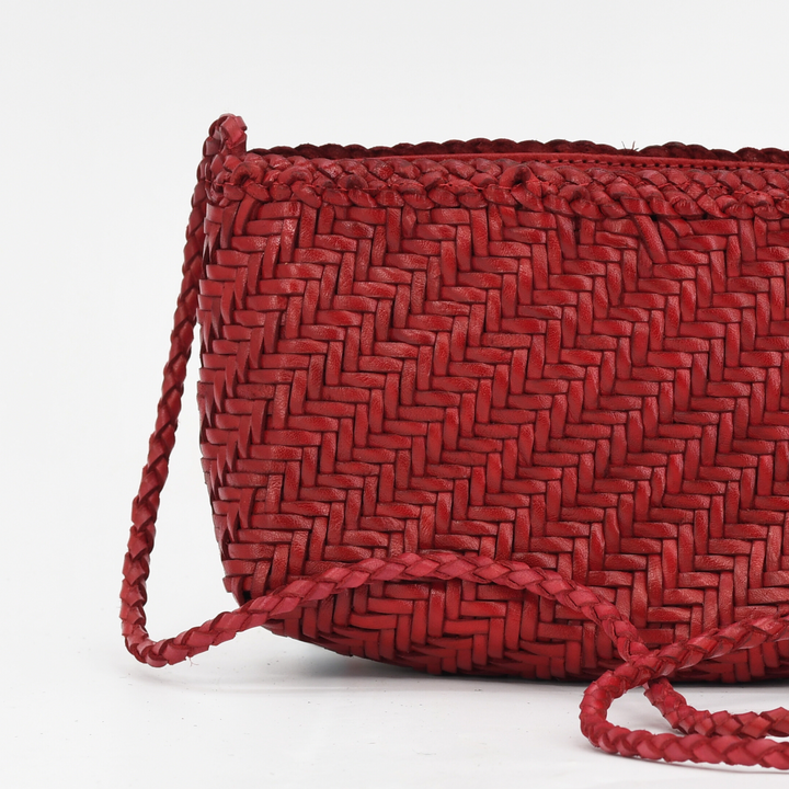 Woven Leather Crossbody Bag- Red