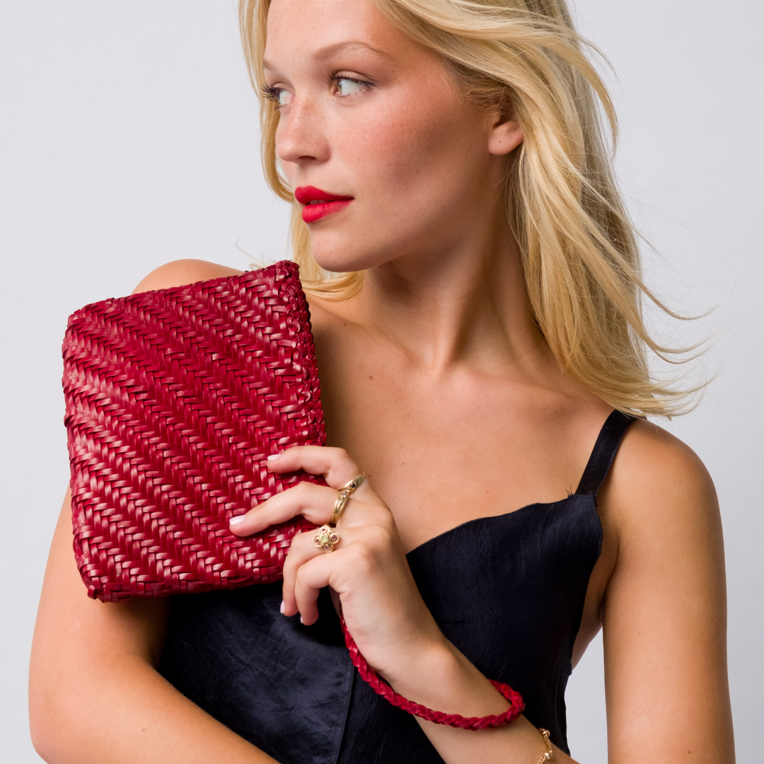 Woven Leather Clutch Bag- Red