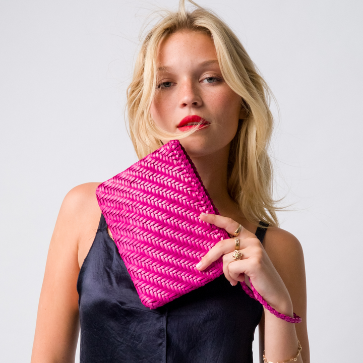 Woven Leather Clutch Bag- Rasberry