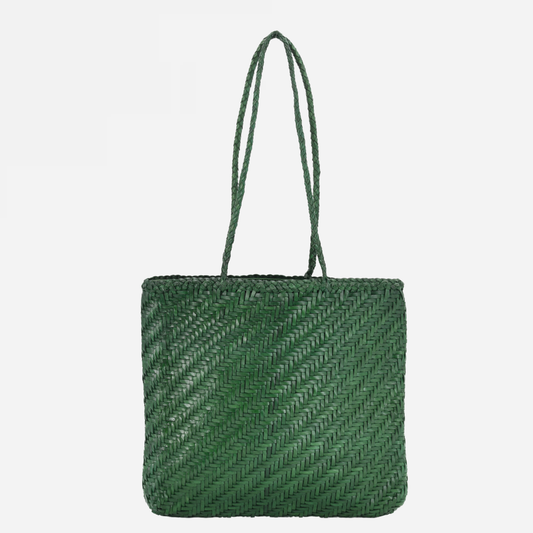 Woven Leather Tote Bag- Forest Green