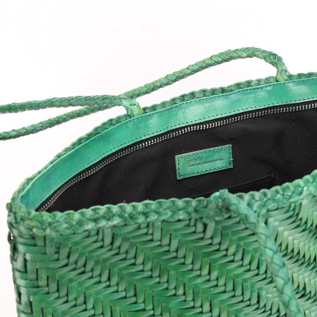 Large Woven Leather Bag- Green