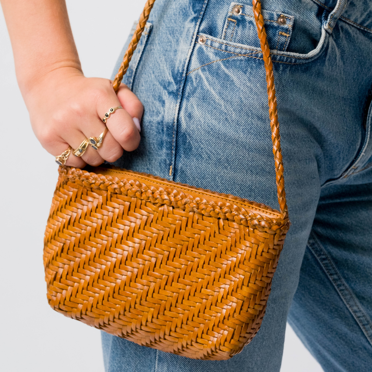 Woven Leather Crossbody Bag-Tan