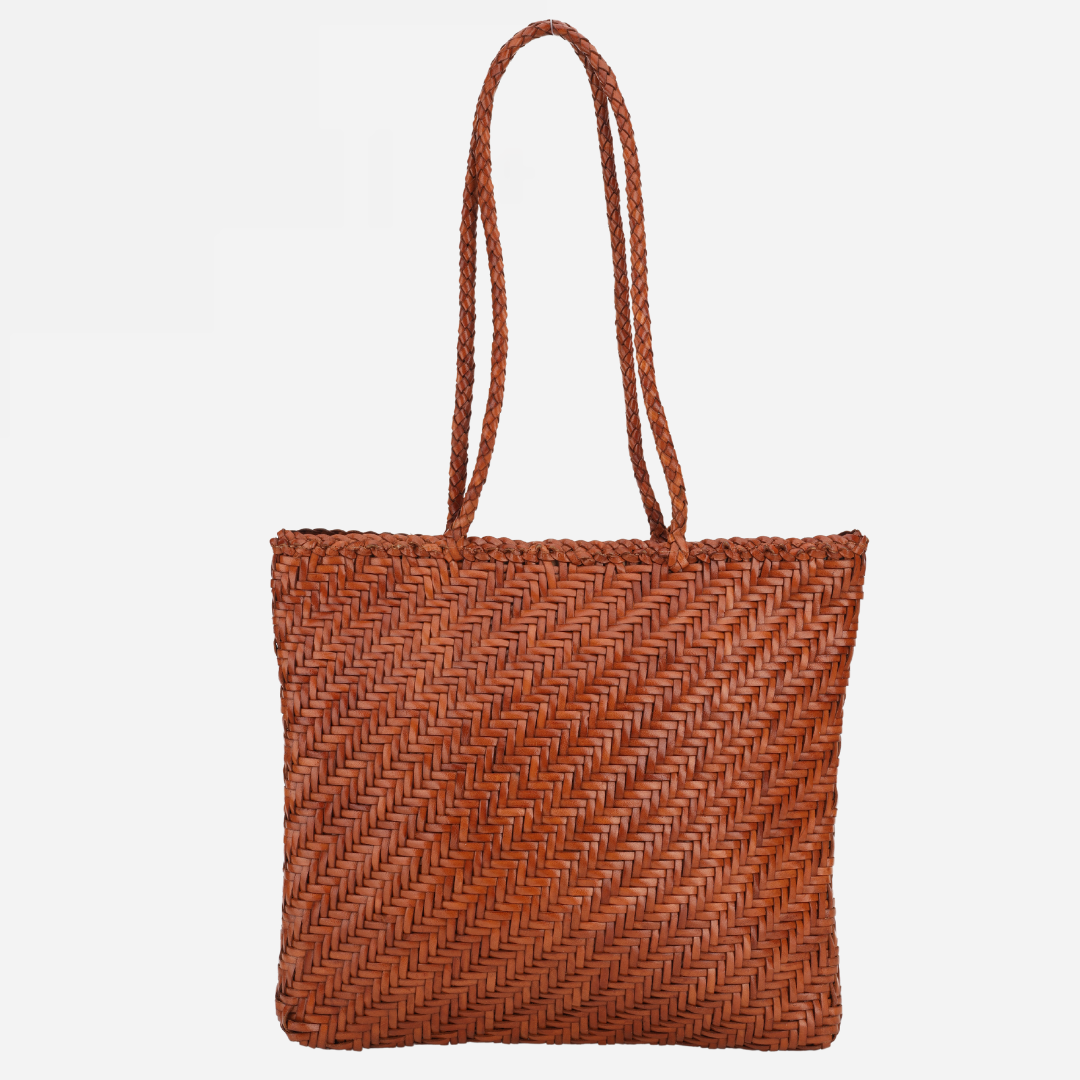 Woven Leather Tote Bag-Tan