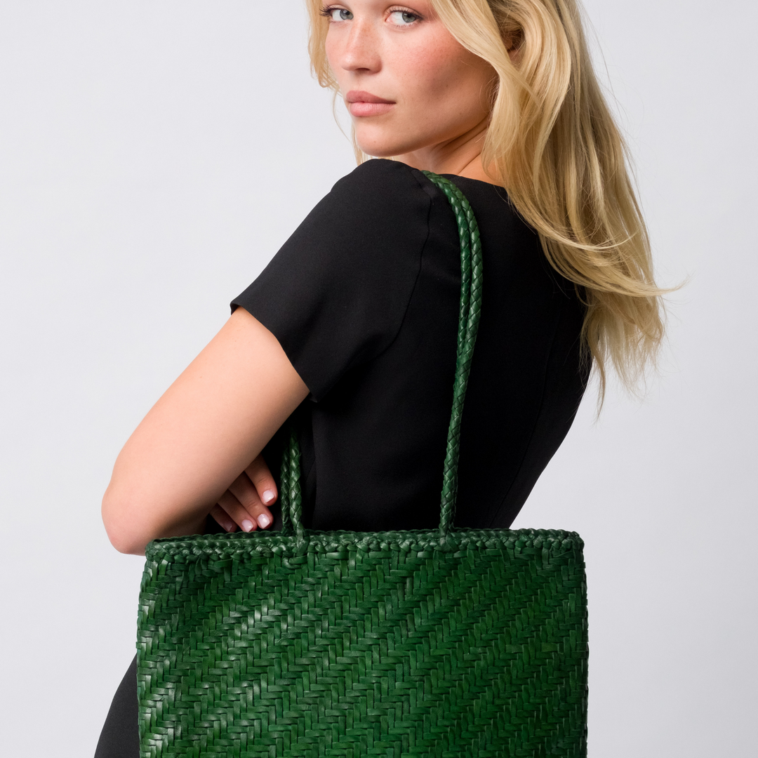 Woven Leather Tote Bag- Forest Green- PRE ORDER