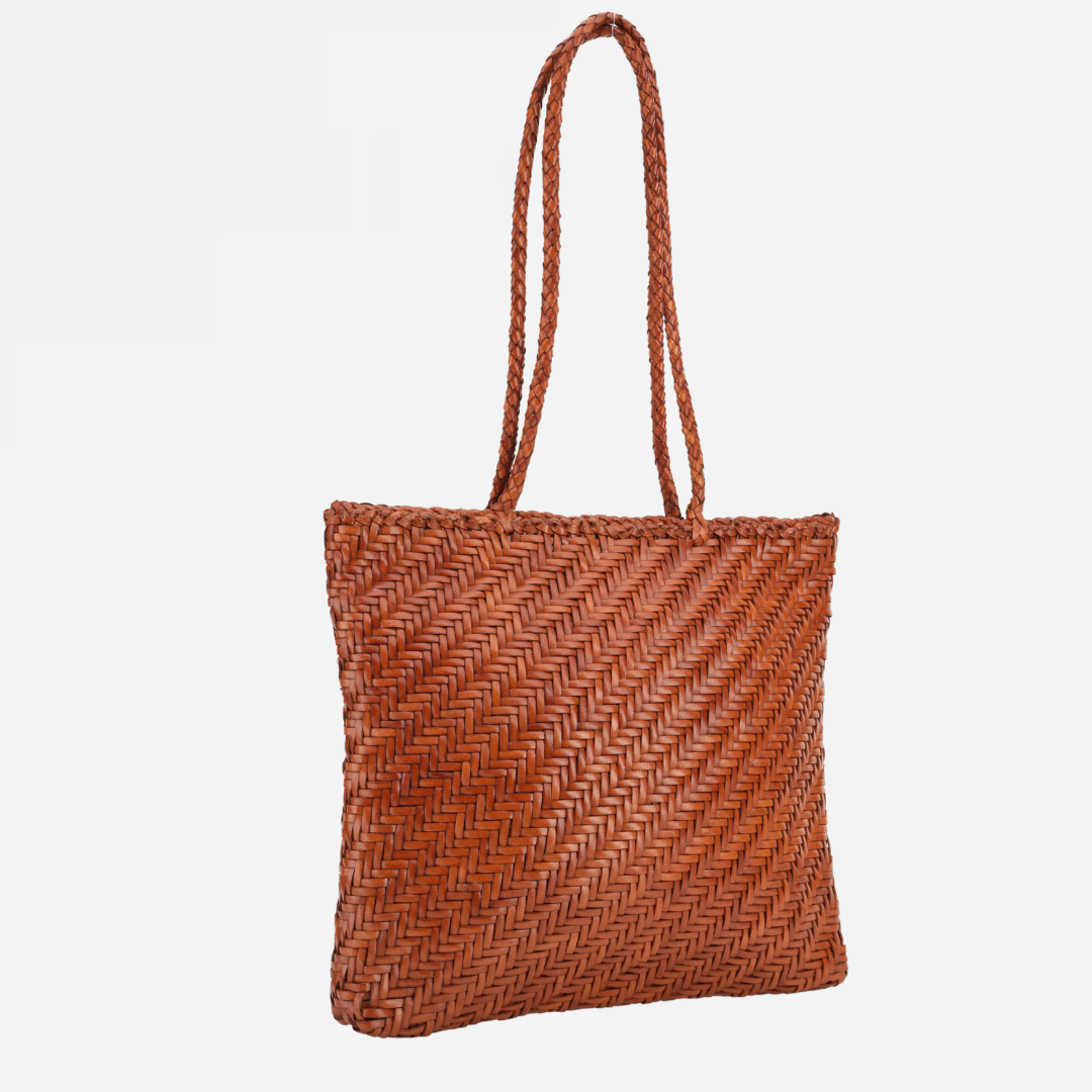 Woven Leather Tote Bag-Tan