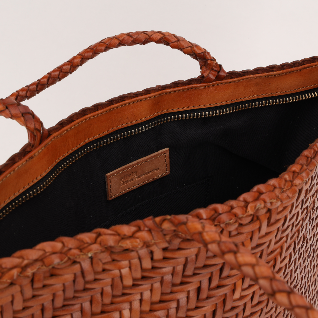 Woven Leather Tote Bag-Tan