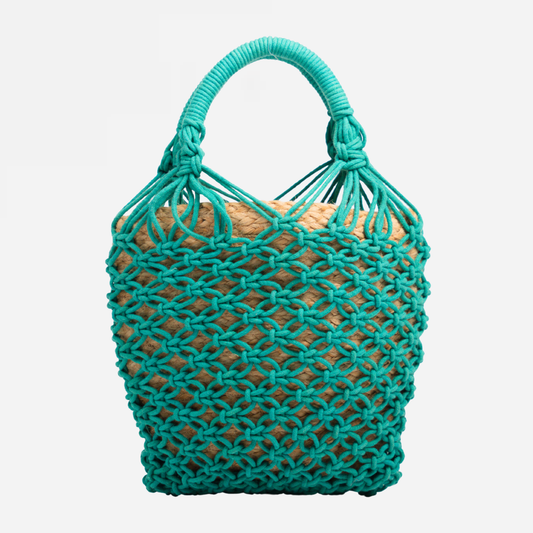 Jasmine Cotton Crochet & Jute Bucket Bag- Teal