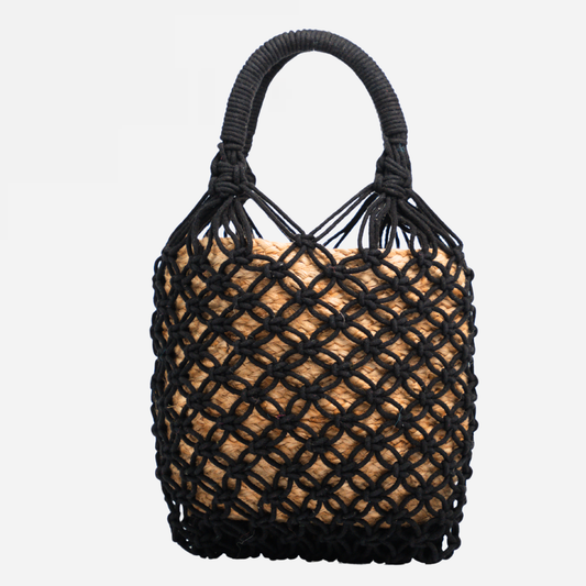 Jasmine Cotton Crochet & Jute Bucket Bag- Black