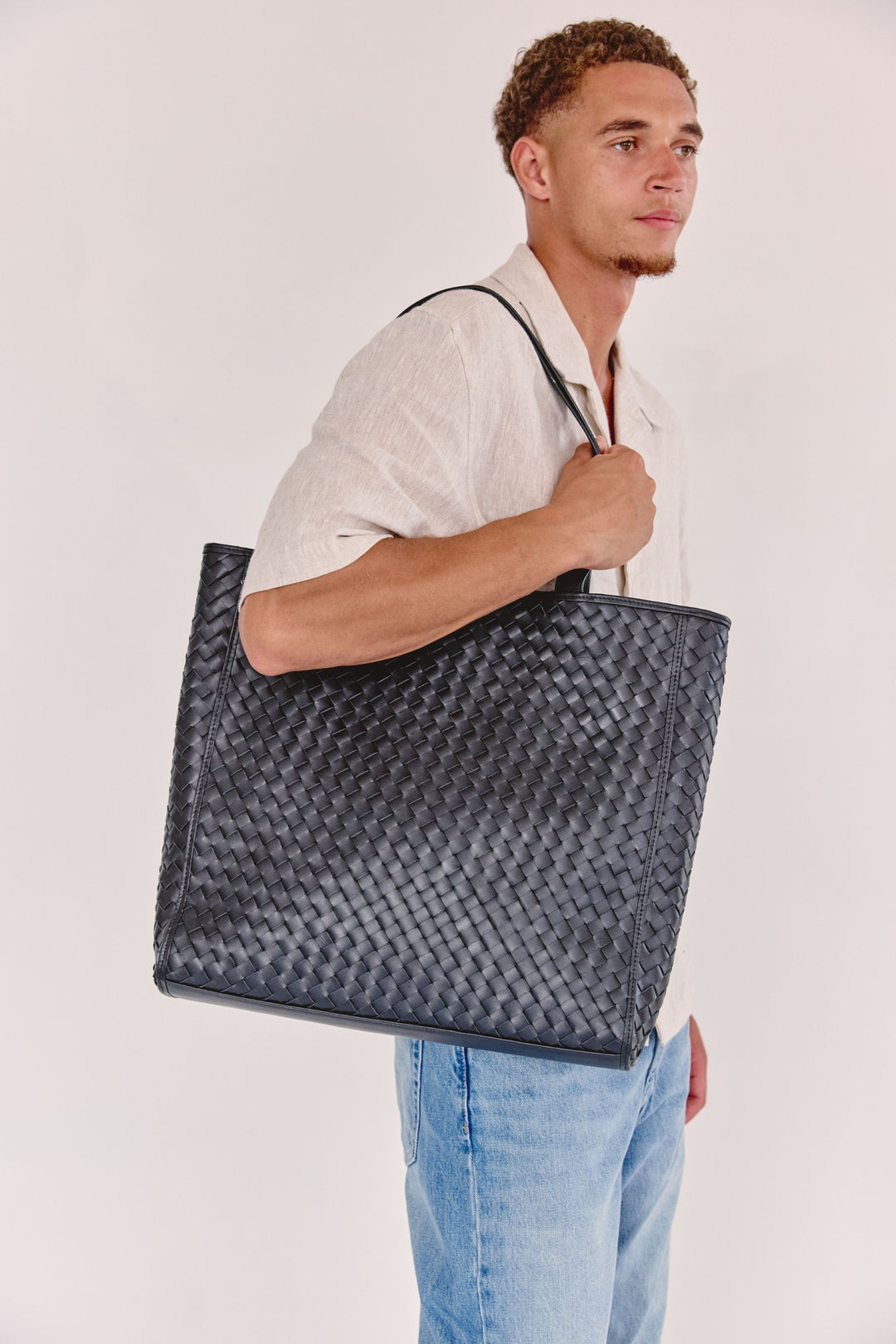 Emilio Large Woven Leather Tote Black
