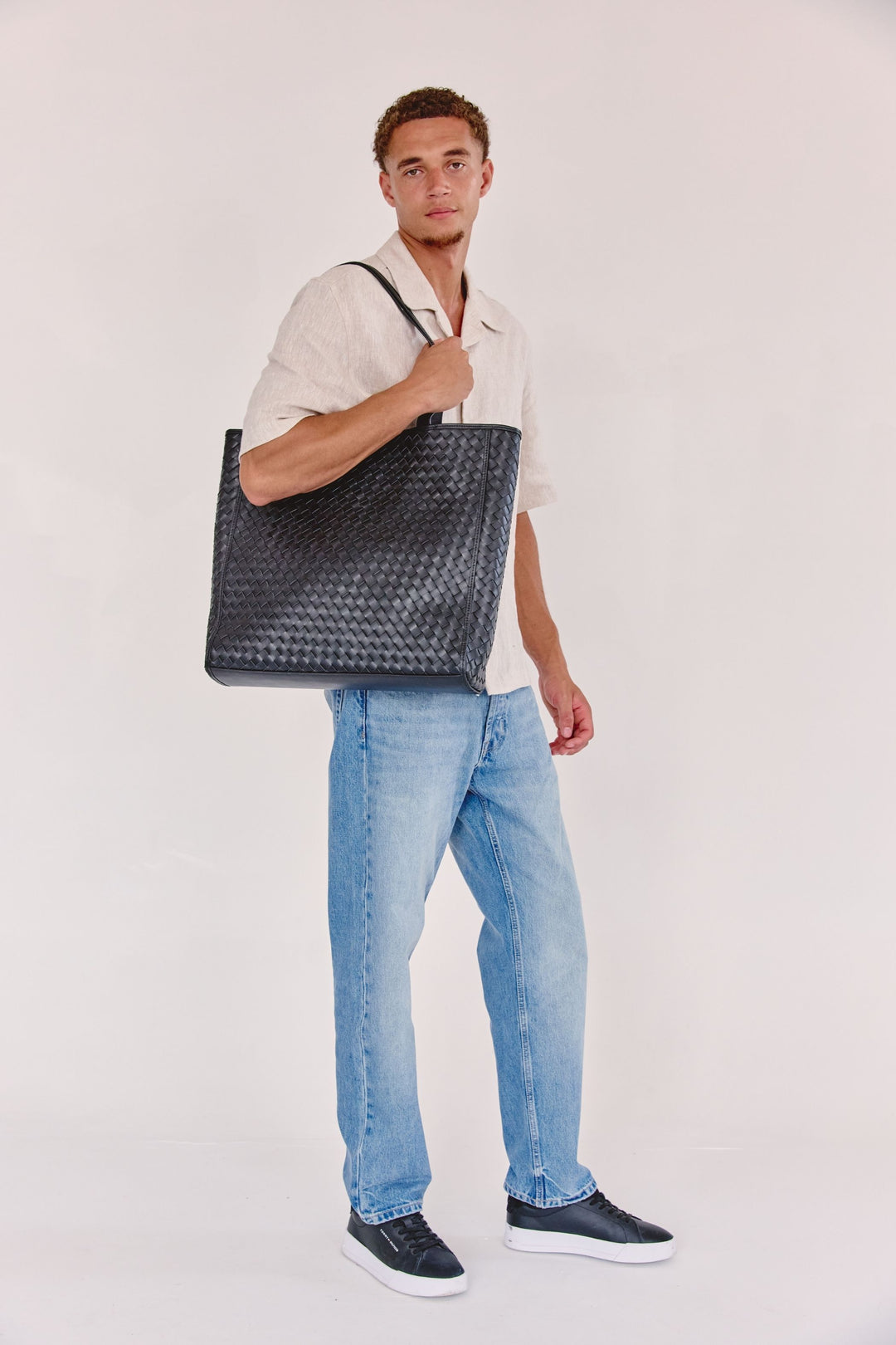Emilio Large Woven Leather Tote Black