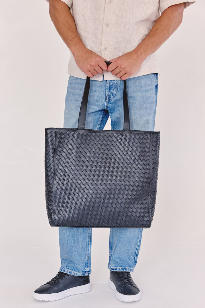 Emilio Large Woven Leather Tote Black