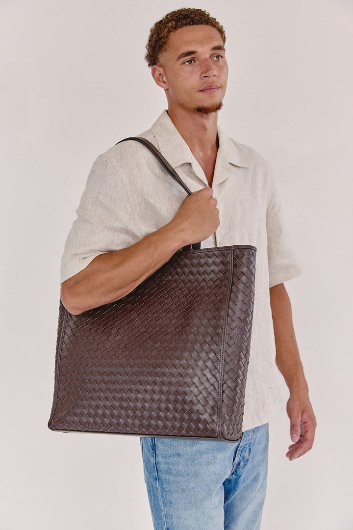 Emilio Large Woven Leather Tote Chocolate