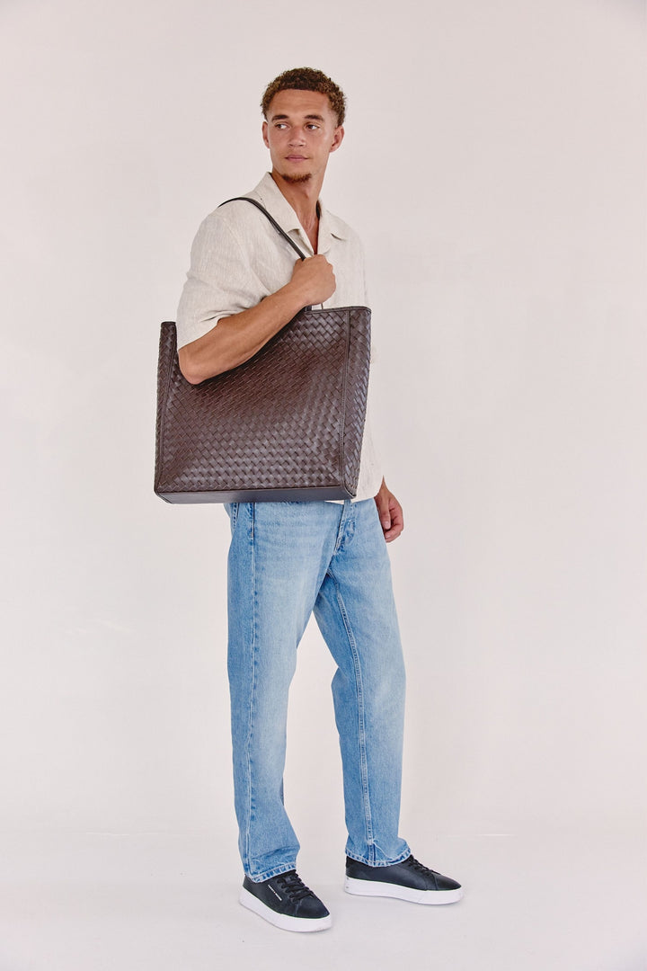 Emilio Large Woven Leather Tote Chocolate
