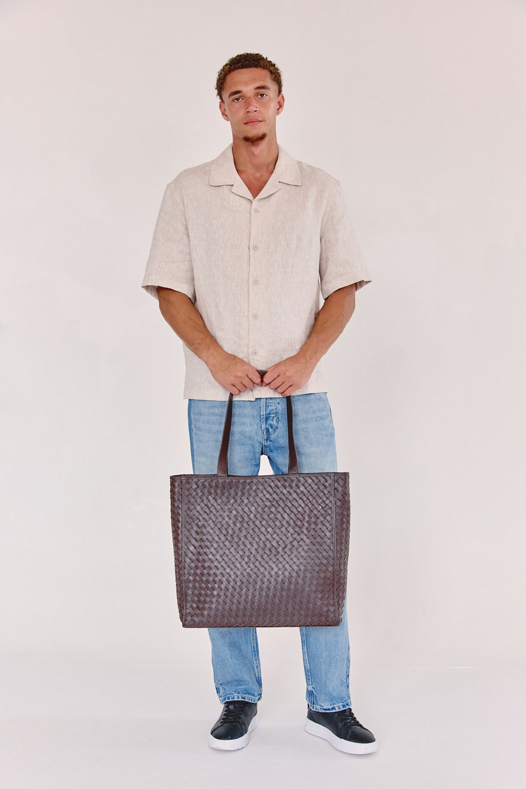 Emilio Large Woven Leather Tote Chocolate