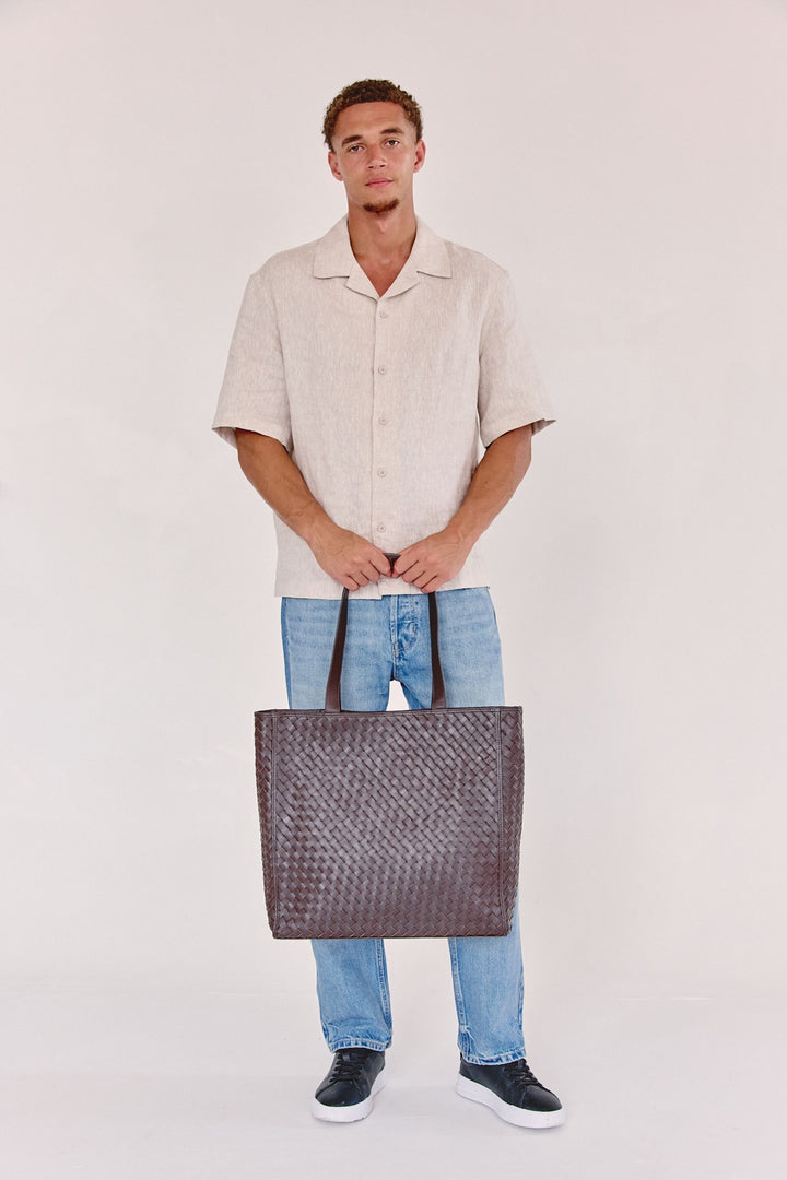 Emilio Large Woven Leather Tote Chocolate