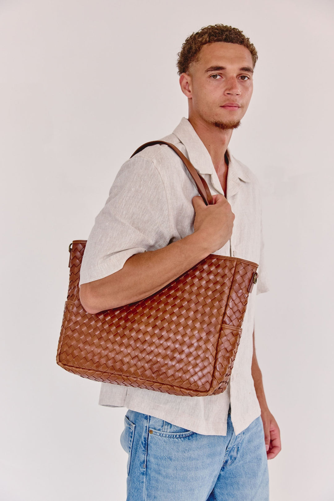 Nico Woven Leather Tote Tan