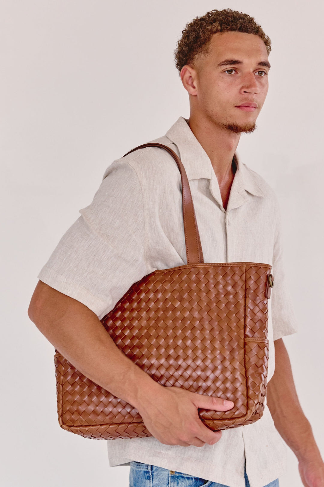 Nico Woven Leather Tote Tan