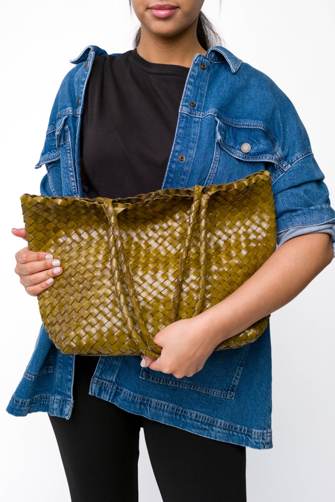 Leia Woven Leather Bag Bamboo Green