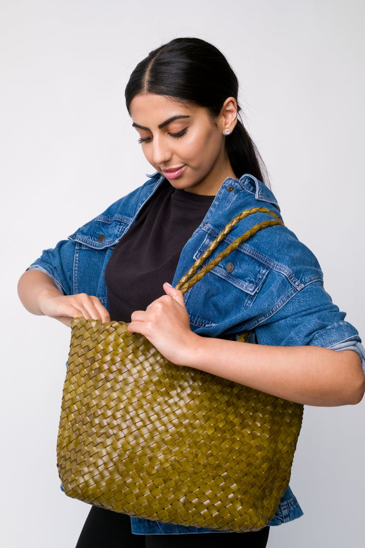 Leia Woven Leather Bag Bamboo Green