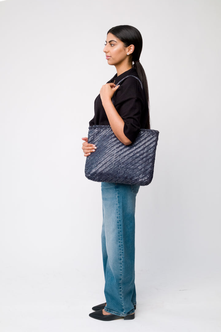 Rhia Woven Leather Tote- Dark Blue