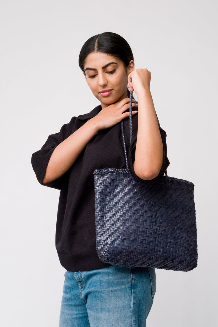 Rhia Woven Leather Tote- Dark Blue