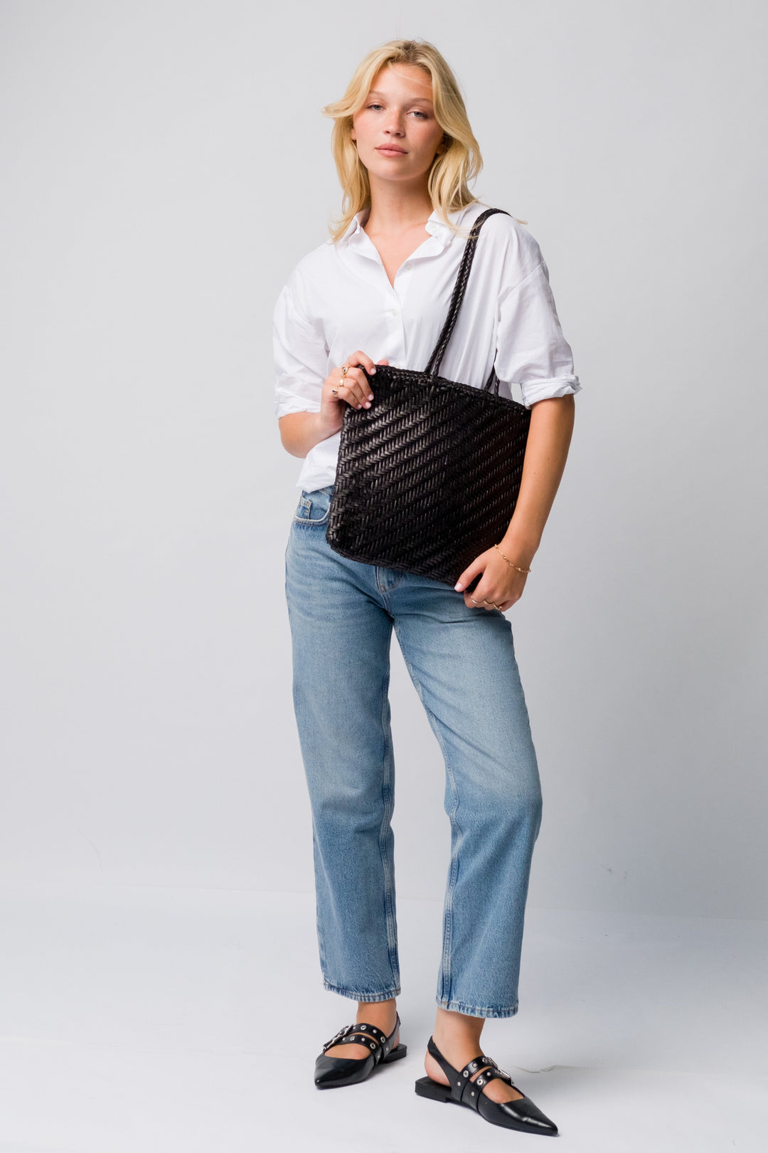 Woven Leather Tote Bag-Black