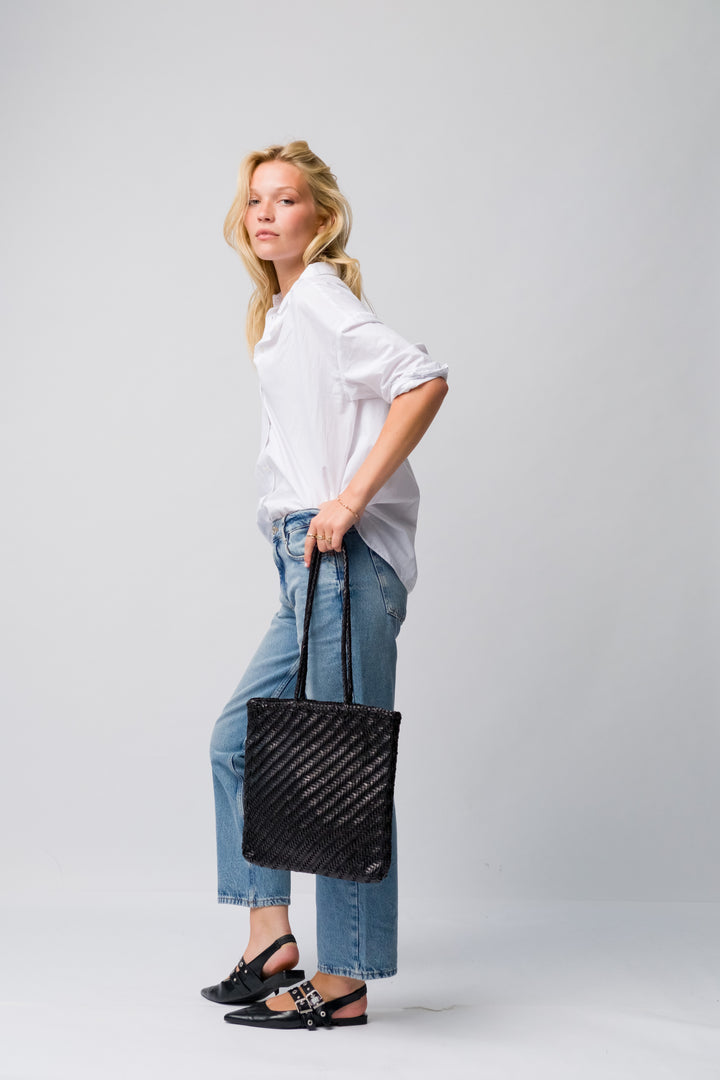 Woven Leather Tote Bag-Black