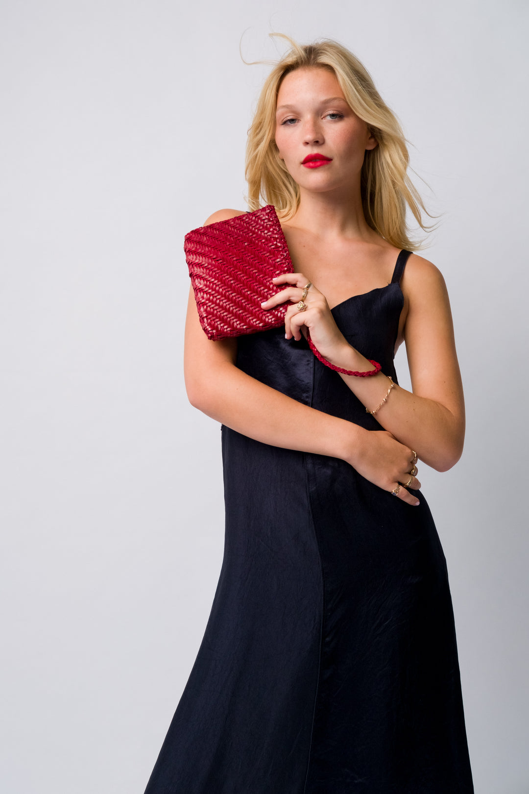 Woven Leather Clutch Bag- Red