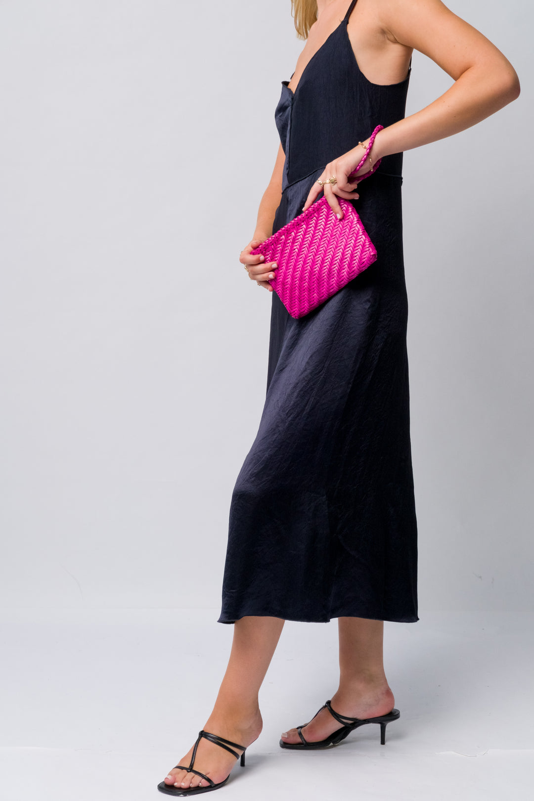 Woven Leather Clutch Bag- Rasberry