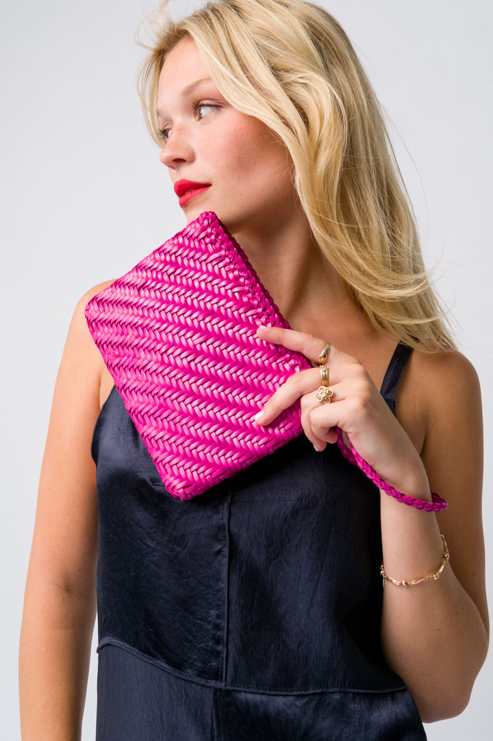 Woven Leather Clutch Bag- Rasberry