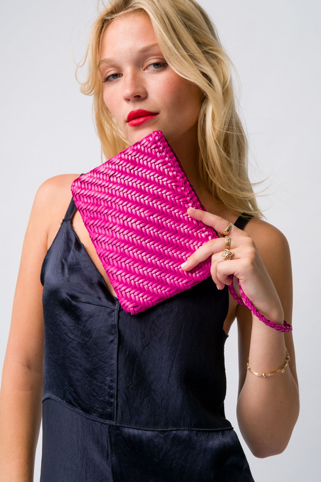 Woven Leather Clutch Bag- Rasberry