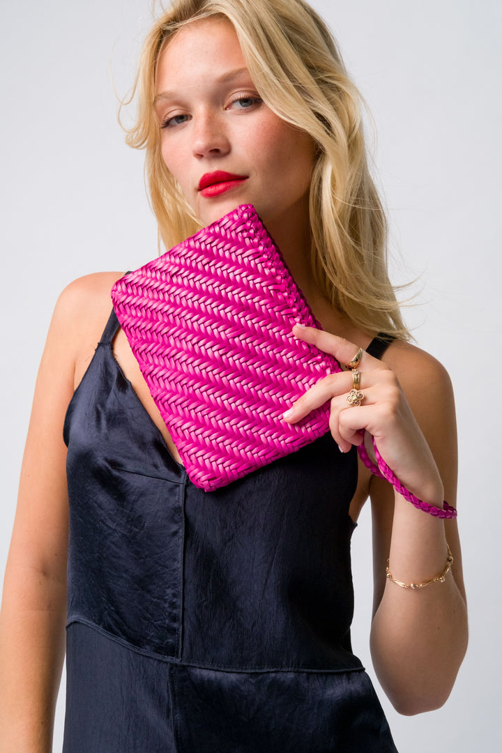 Woven Leather Clutch Bag- Rasberry