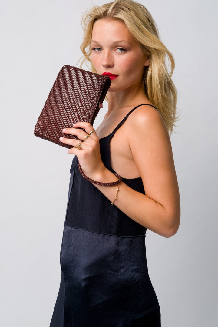 Woven Leather Clutch Bag-Espresso