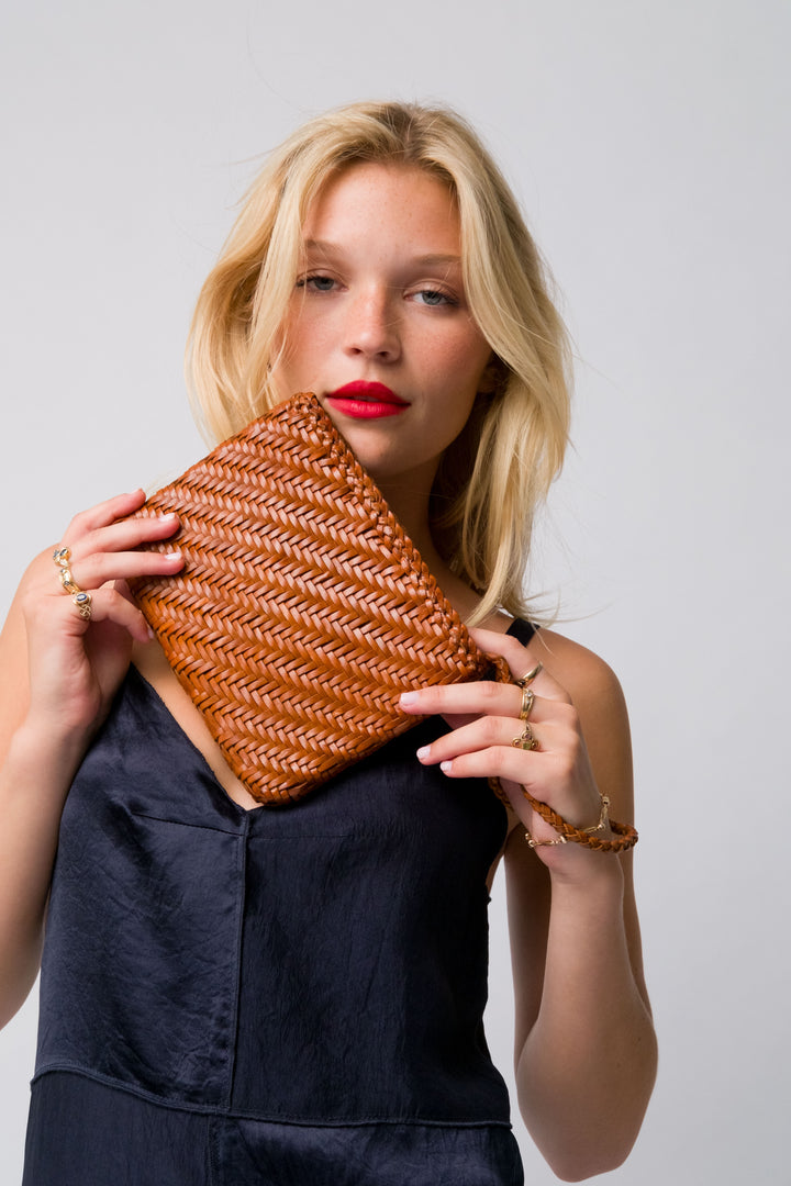 Woven Leather Clutch Bag-Tan