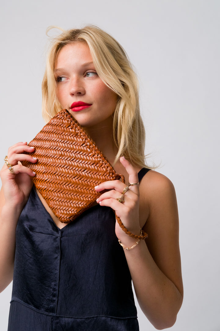 Woven Leather Clutch Bag-Tan