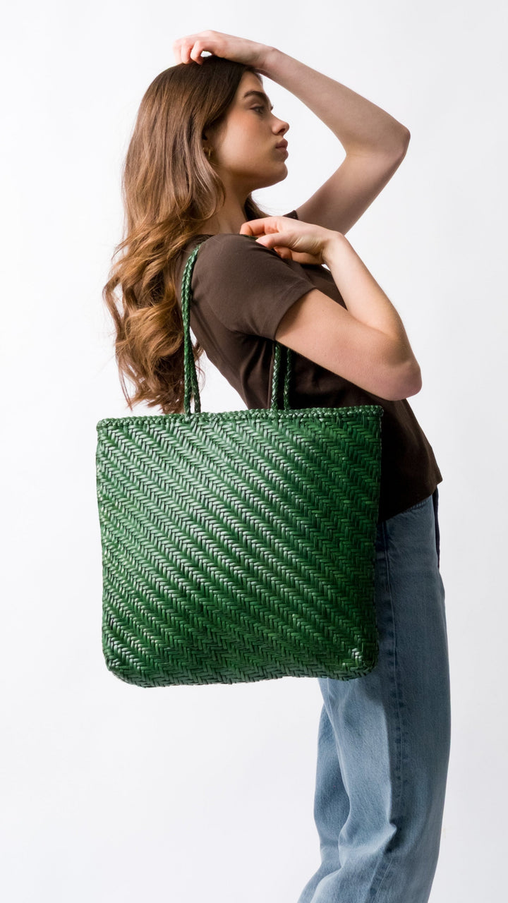 Rhia Large Leather Tote Emerald- with zipper